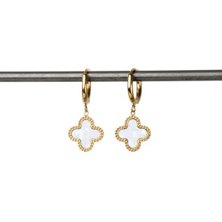 Boucles d'oreilles créoles et trèfles blancs en nacre sur acier inoxydable argent or vendues par paire cadeau femme