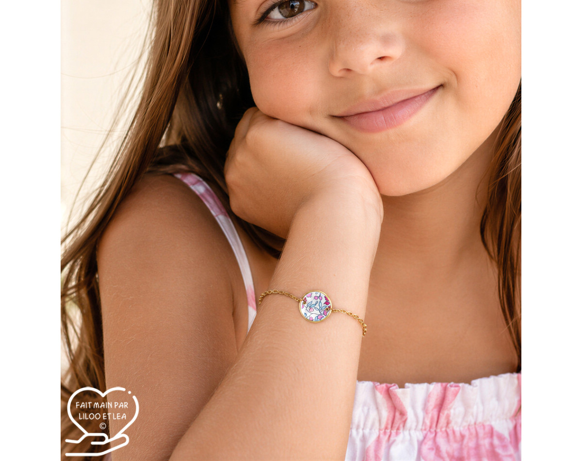 Bracelet pendentif rond Liberty sur acier inoxydable argent or cadeau fillette ou femme