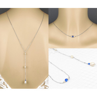 Collier de dos nu mariage JILL bleu saphir, argent, or, or rose, cristal Swarovski, bijou de dos et collier tout-en-un