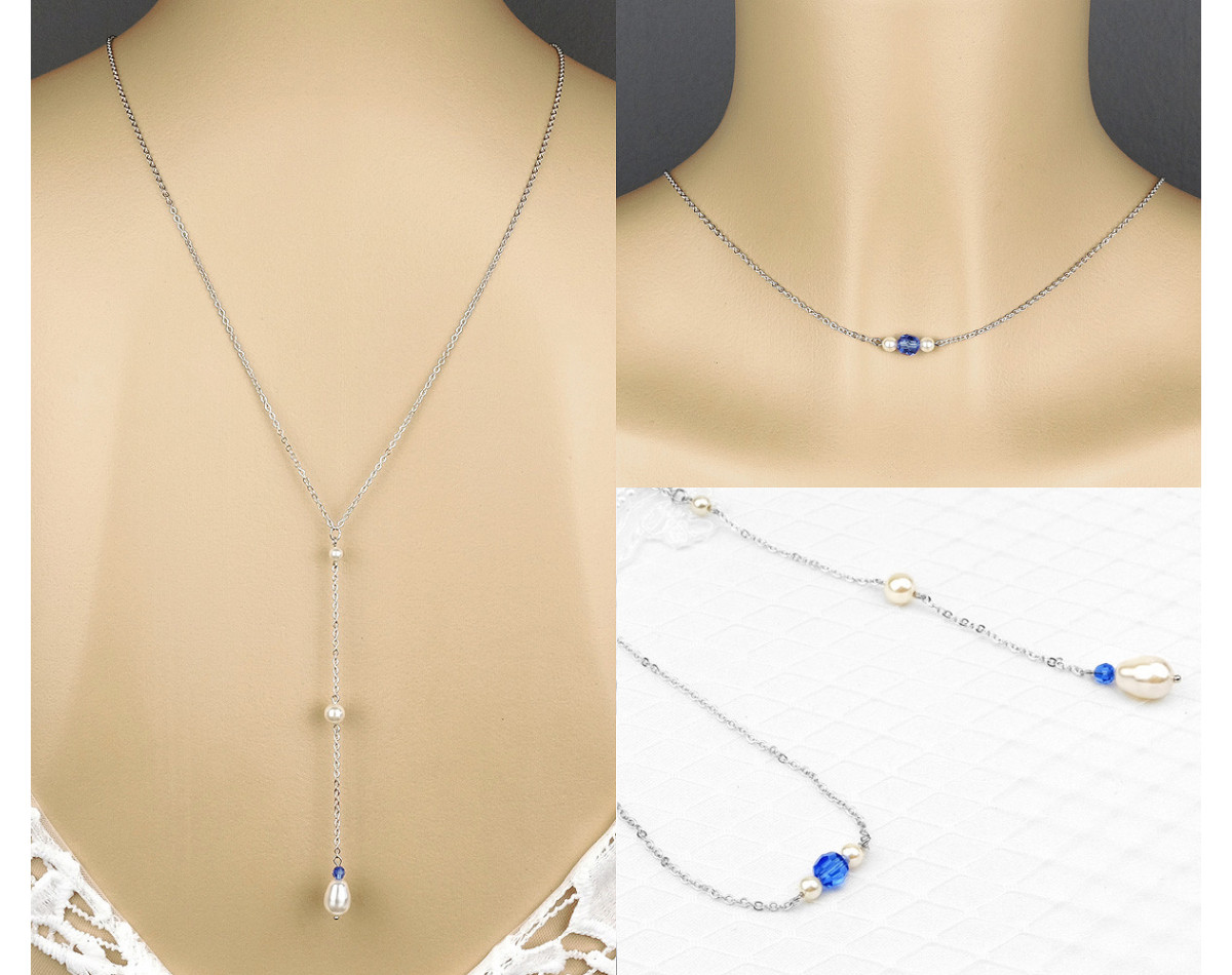 Bridal backdrop pendant necklace JILL sapphire, silver, gold, rose gold, Swarovski crystal, back drop and necklace all-in-one