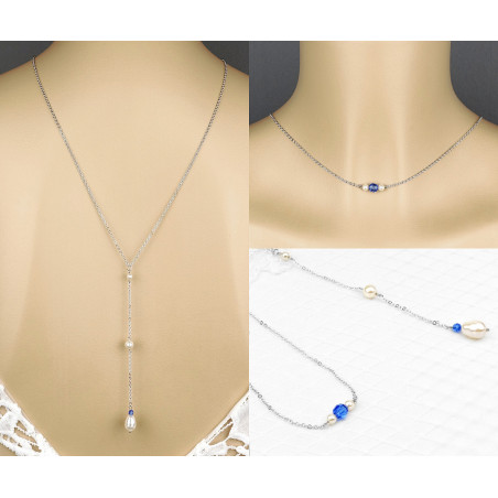 Bridal backdrop pendant necklace JILL sapphire, silver, gold, rose gold, Swarovski crystal, back drop and necklace all-in-one