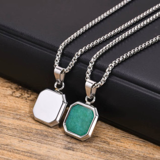 Collier homme pendentif carré en agate verte sur chaîne vénitienne argent sur acier inoxydable collier cadeau homme