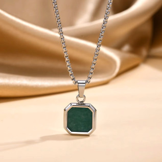 Collier homme pendentif carré en agate verte sur chaîne vénitienne argent sur acier inoxydable collier cadeau homme