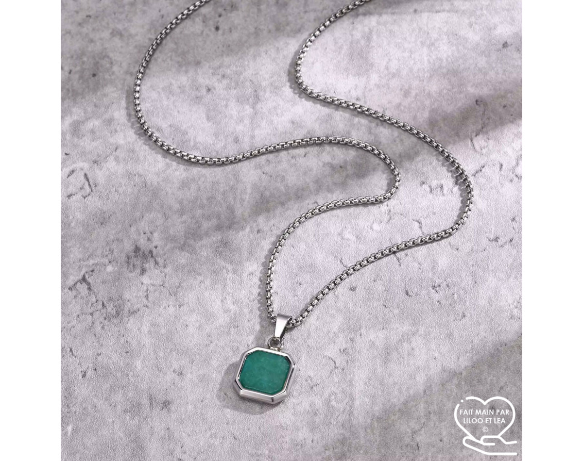 Collier homme pendentif carré en agate verte sur chaîne vénitienne argent sur acier inoxydable collier cadeau homme
