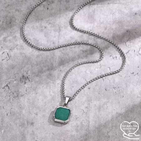 Collier homme pendentif carré en agate verte sur chaîne vénitienne argent sur acier inoxydable collier cadeau homme