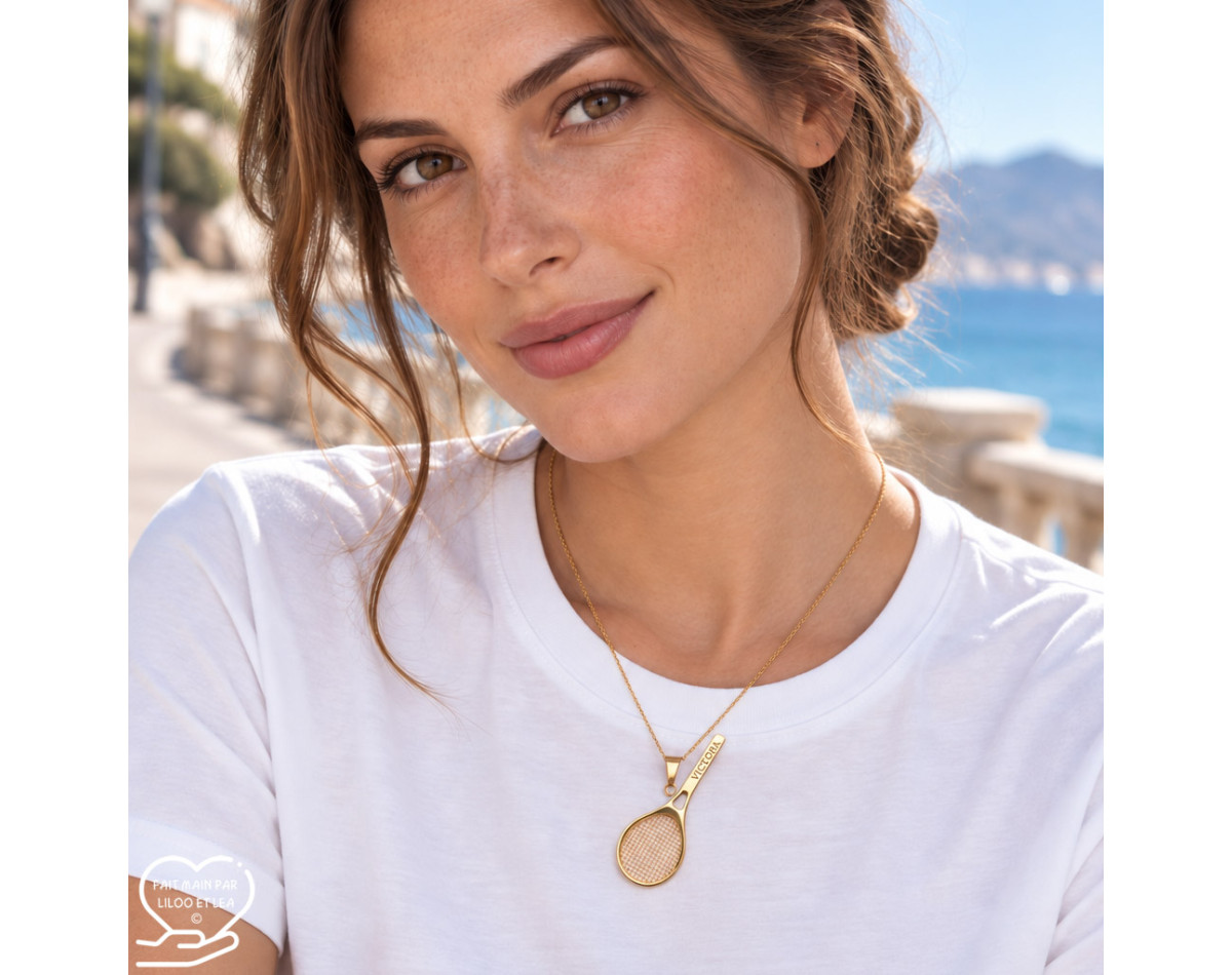Collier pendentif raquette de tennis sur acier inoxydable argent or avec ou sans gravure