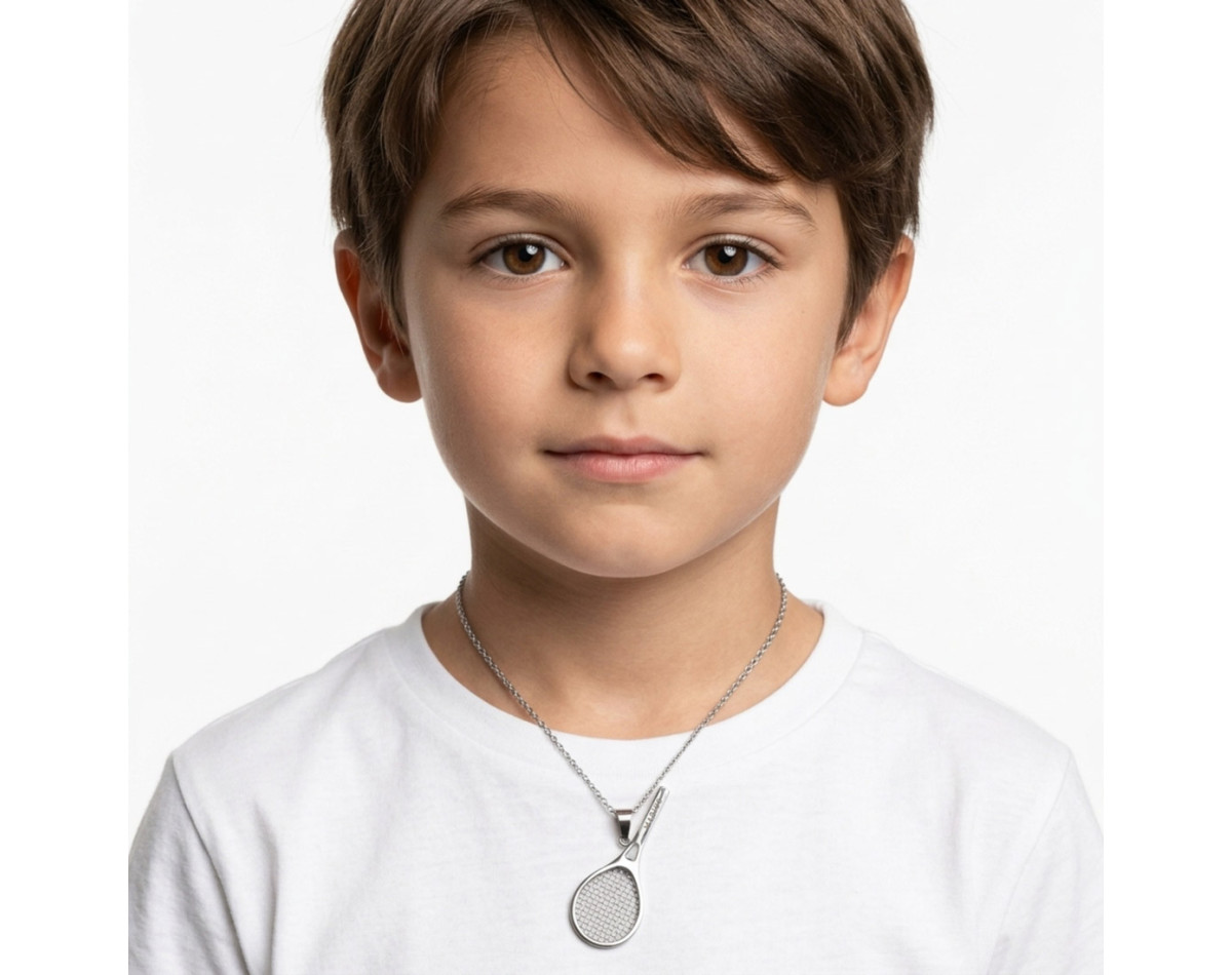 Tennis racket pendant necklace for kid in gold or silver stainless steel with or without engraving