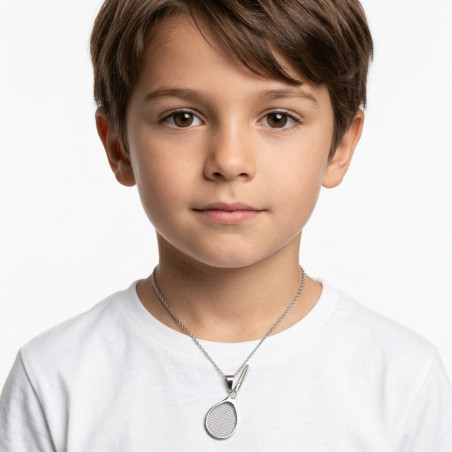 Tennis racket pendant necklace for kid in gold or silver stainless steel with or without engraving