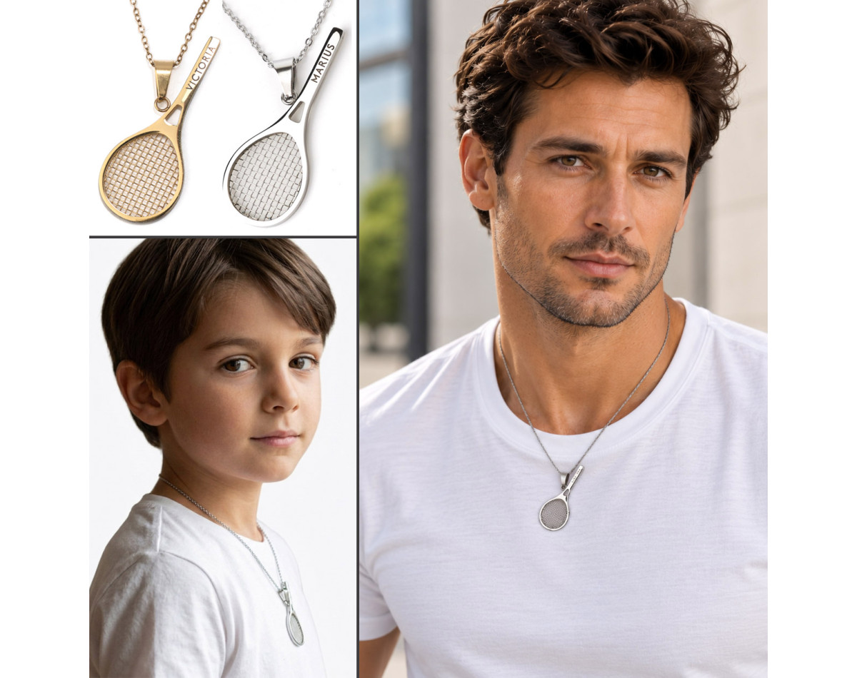 Men women and kids Tennis racket pendant necklace in gold or silver stainless steel with engraving