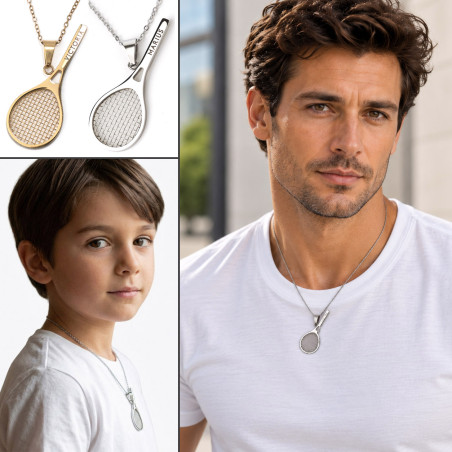 Collier pendentif raquette de tennis pour homme femme enfant sur acier inoxydable argent or avec gravure