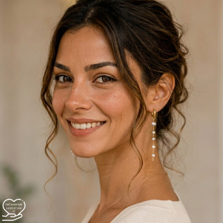 Boucles d'oreilles petites créoles et perles en nacre blanche sur chaîne fine acier inoxydable argent ou or cadeau boucles femme