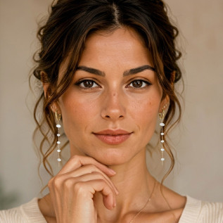 Boucles d'oreilles petites créoles et perles en nacre blanche sur chaîne fine acier inoxydable argent ou or cadeau boucles femme