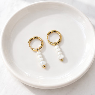 White mother-of-pearl small hoop bridal earrings on gold or silver stainless steel wedding jewelry
