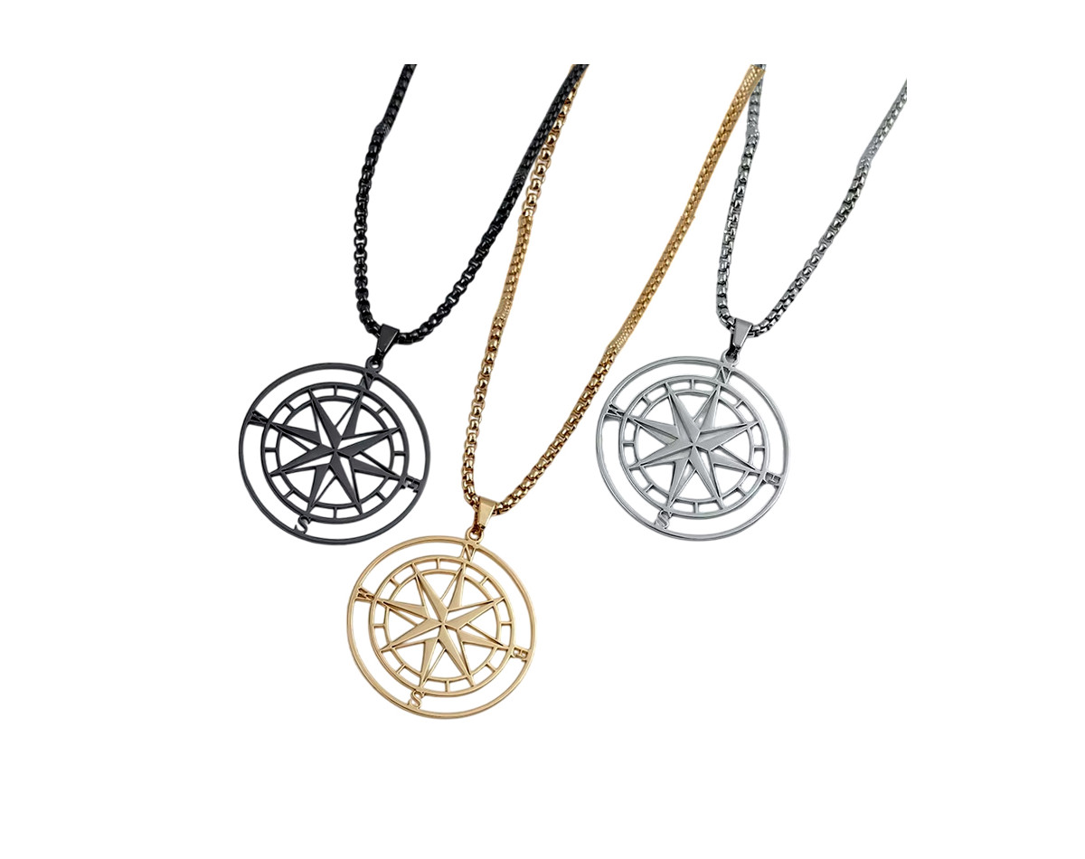 Collier homme pendentif grande boussole creuse noire argent ou or sur chaîne vénitienne en acier inoxydable collier cadeau homme
