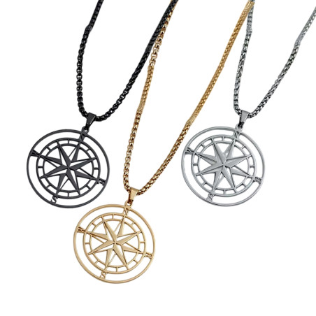 Hollow black silver gold compass large pendant necklace for men black stainless steel box chain man gift