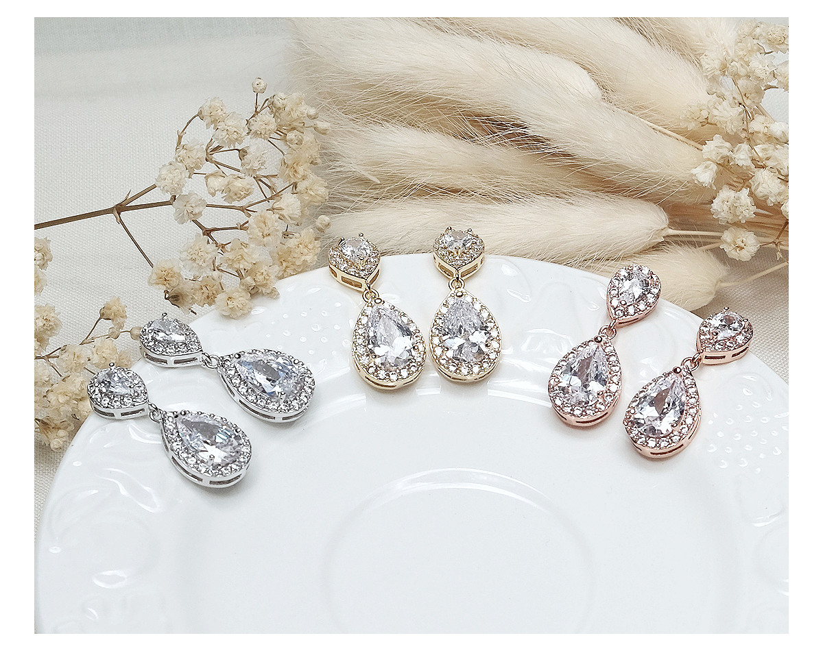 Boucles d'oreilles mariage KELLY, argent, or, or rose, oxyde de zirconium