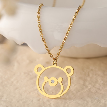 Teddy bear head pendant necklace, silver or gold stainless steel, woman jewelry, girl jewelry, child jewelry
