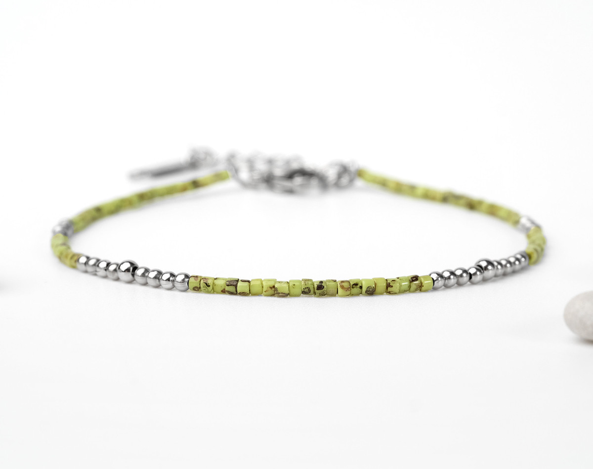 Chartreuse green Miyuki beads stainless steel bracelet, Japanese beads, glass beads, marbled miyuki beads, gift idea