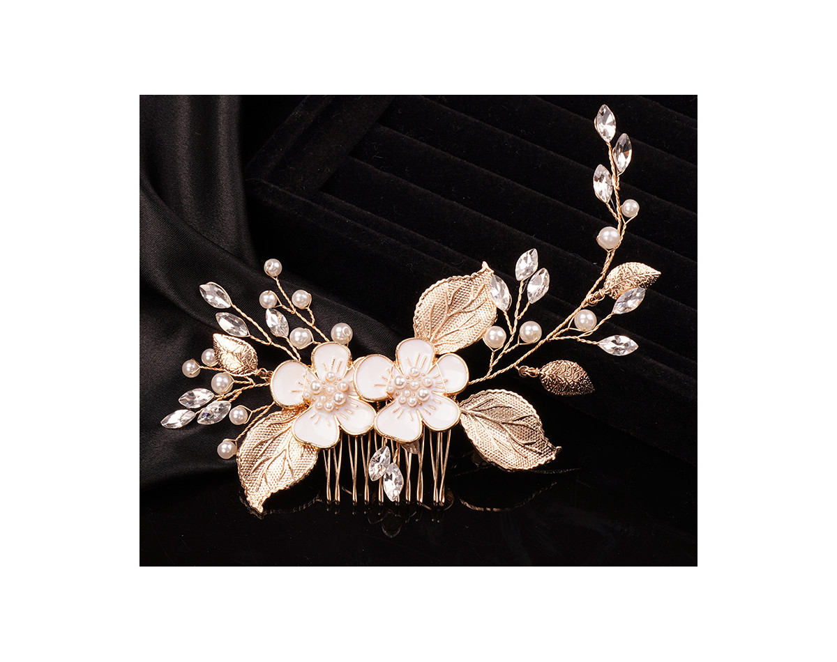 Peigne cheveux mariage VERONICA, fleurs porcelaine, perles nacrées