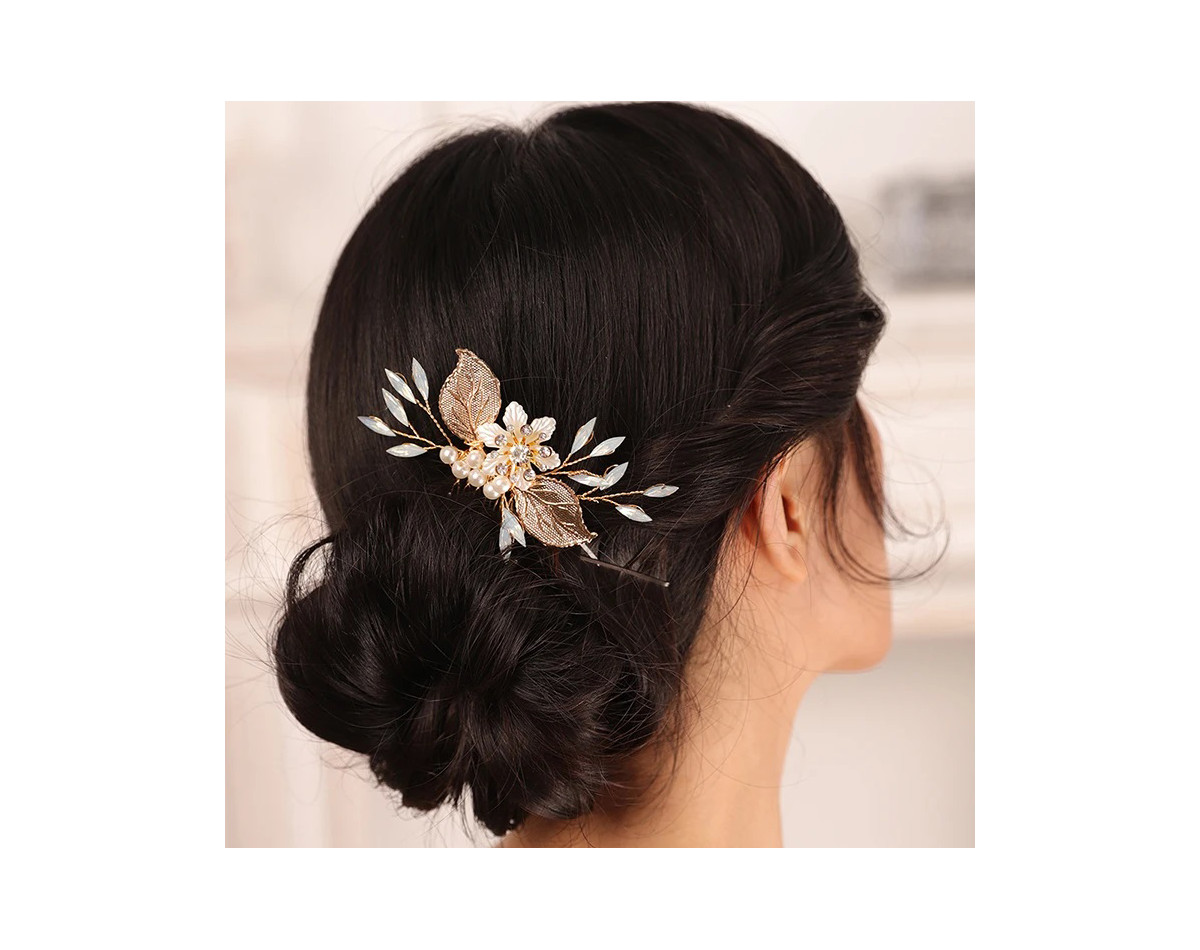 Bridal hair comb BERENICE, crystals, leaves, pearls, flower