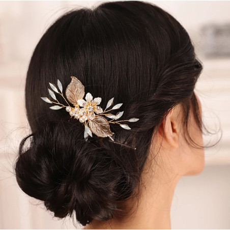Bridal hair comb BERENICE, crystals, leaves, pearls, flower