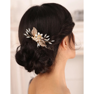 Bridal hair comb BERENICE, crystals, leaves, pearls, flower