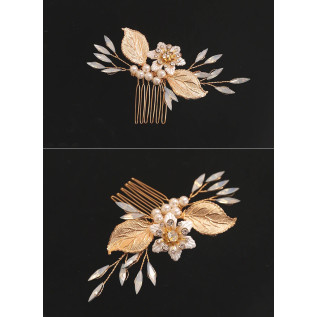 Bridal hair comb BERENICE, crystals, leaves, pearls, flower