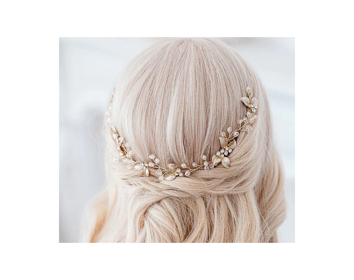 Bridal hair vine CAITLIN, pearls, leaves, crystals, silver, gold