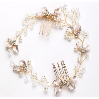 Bridal hair vine CAITLIN, pearls, leaves, crystals, silver, gold