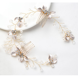 Bridal hair vine CAITLIN, pearls, leaves, crystals, silver, gold