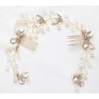 Bridal hair vine CAITLIN, pearls, leaves, crystals, silver, gold