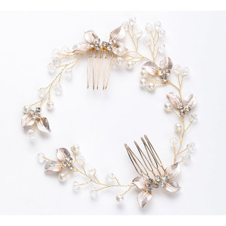 Bridal hair vine CAITLIN, pearls, leaves, crystals, silver, gold