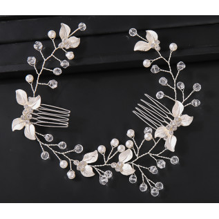 Bridal hair vine CAITLIN, pearls, leaves, crystals, silver, gold