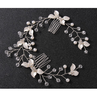 Bridal hair vine CAITLIN, pearls, leaves, crystals, silver, gold