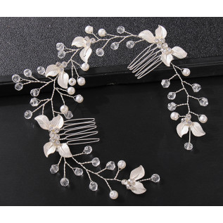 Bridal hair vine CAITLIN, pearls, leaves, crystals, silver, gold