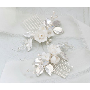 Bridal hair comb CANDICE, crystals, porcelain flowers, leaves, pearls