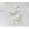 Bridal hair comb CANDICE, crystals, porcelain flowers, leaves, pearls