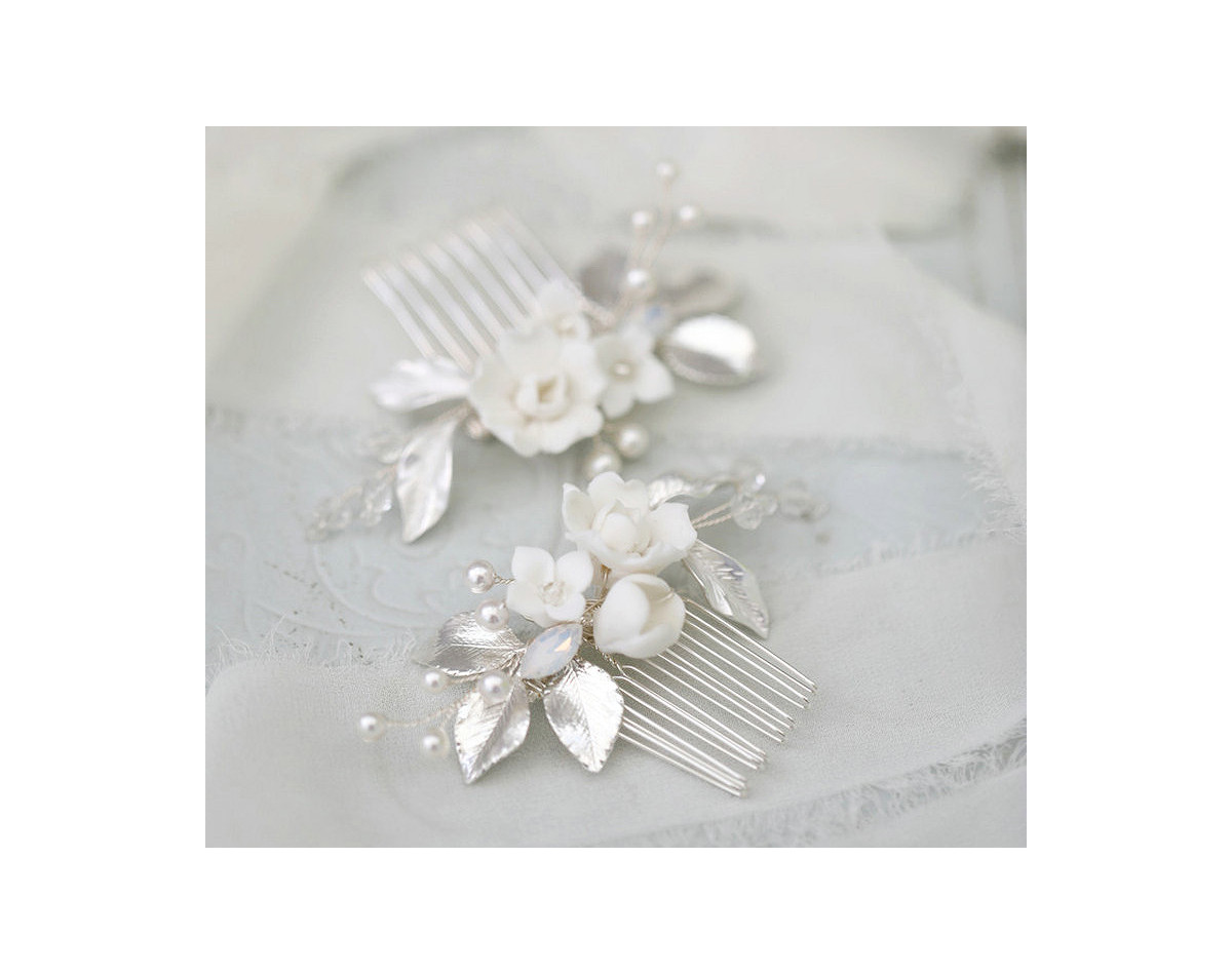 Bridal hair comb CANDICE, crystals, porcelain flowers, leaves, pearls