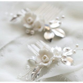 Bridal hair comb CANDICE, crystals, porcelain flowers, leaves, pearls