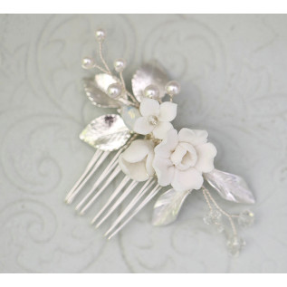 Bridal hair comb CANDICE, crystals, porcelain flowers, leaves, pearls