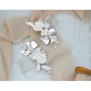 Bridal hair comb CANDICE, crystals, porcelain flowers, leaves, pearls