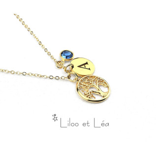 Tree of life letter coin(s) and birthstone(s) pendant necklace silver gold plated stainless steel personnalized gift