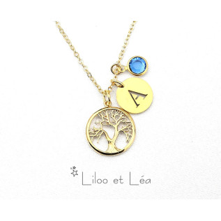 Tree of life letter coin(s) and birthstone(s) pendant necklace silver gold plated stainless steel personnalized gift