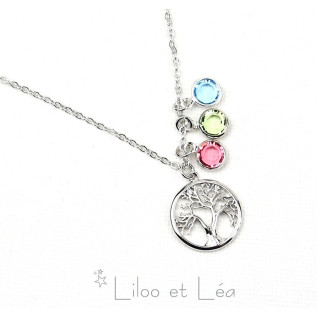 Tree of life and three birthstones necklace, stainless steel, personnalized gift