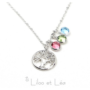 Tree of life and three birthstones necklace, stainless steel, personnalized gift