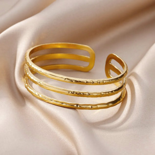 Stainless steel three layers hollow cuff bracelet, gold