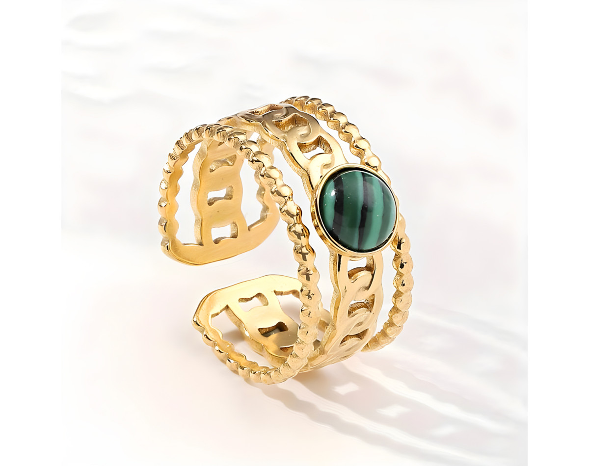 Adjustable three-layer malchite ring gold stainless steel stackable ring resizable ring